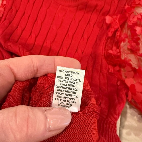 Red lightweight sweater with GORGEOUS sheer floral sleeves. Cato, medium​ - Picture 8 of 10